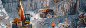 A large excavator is operating next to a dump truck in a quarry, demonstrating the synergy of construction equipment